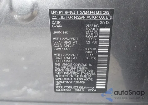 2015 Nissan Rogue Sv z USA, uszkodzony, nr VIN KNMAT2MV7FP584409